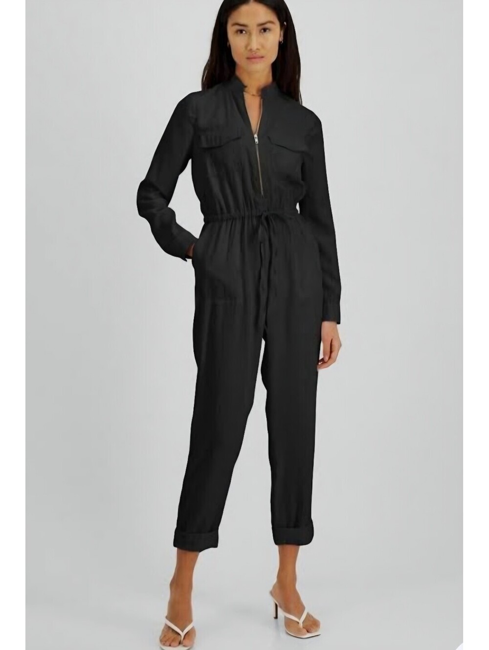 Marc New York Black Long Sleeve Zip Front Jumpsuit with Drawstring Waist